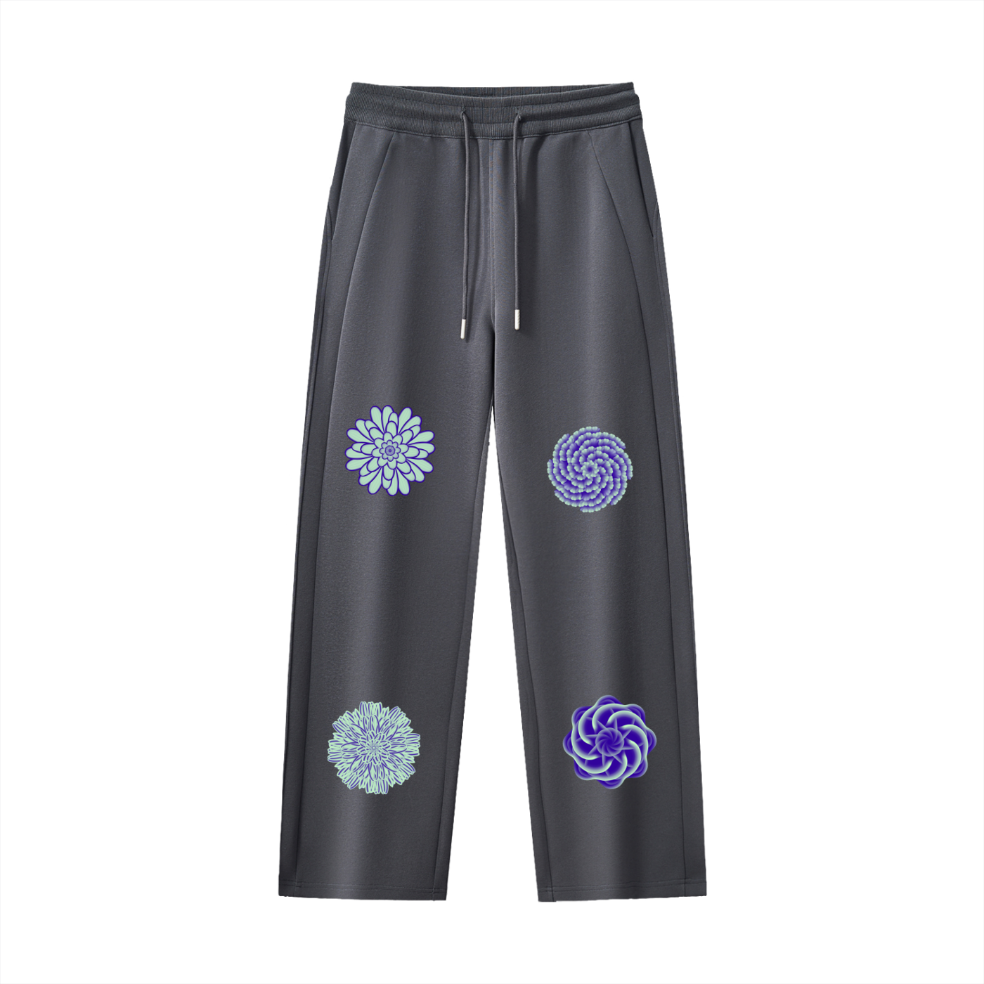Dark gray sweatpants with floral patterns on a white background