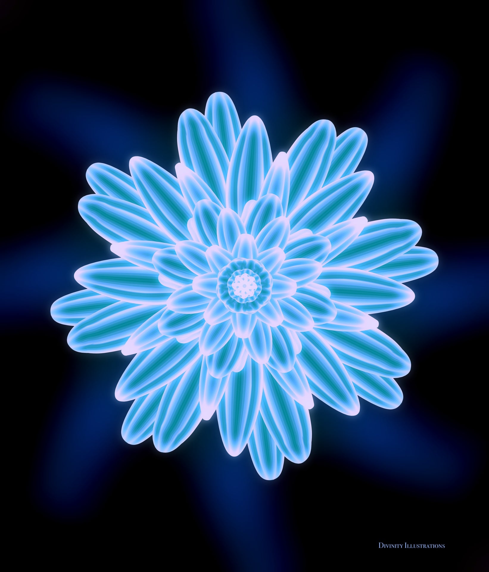 Glowing blue flower-like pattern wall art on a dark background