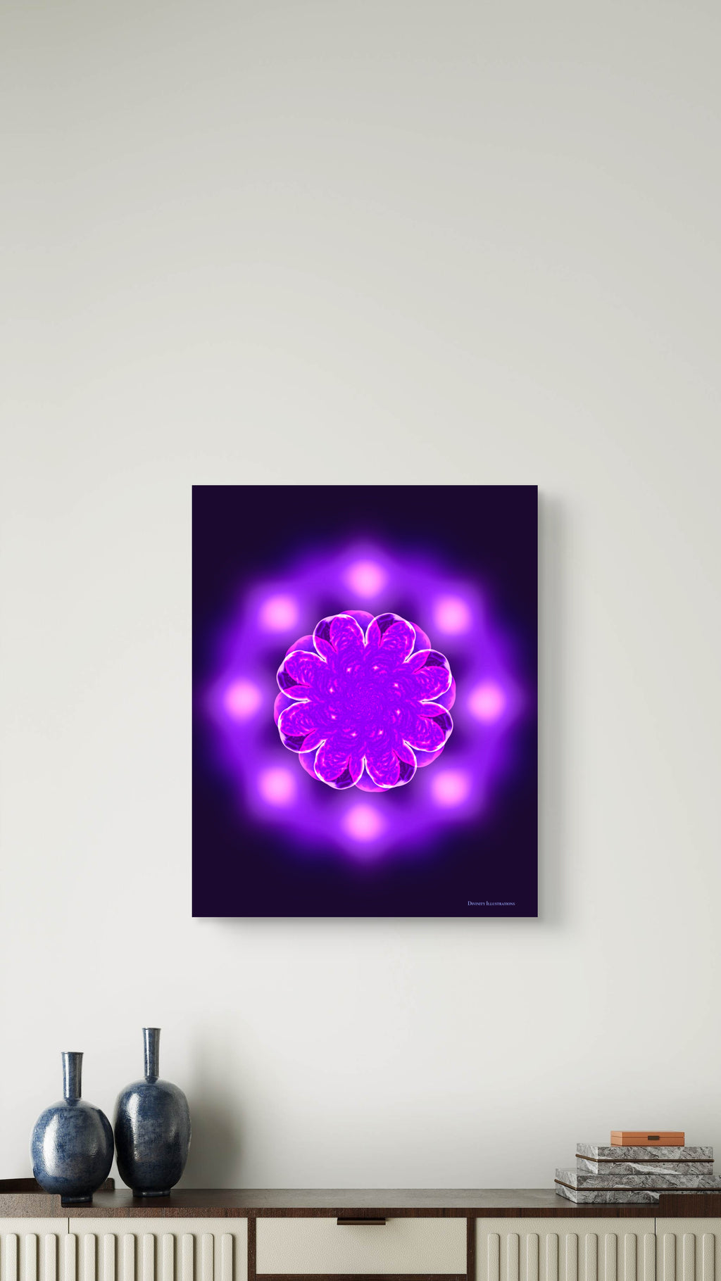 Framed purple abstract art piece on a white wall above a wooden cabinet.