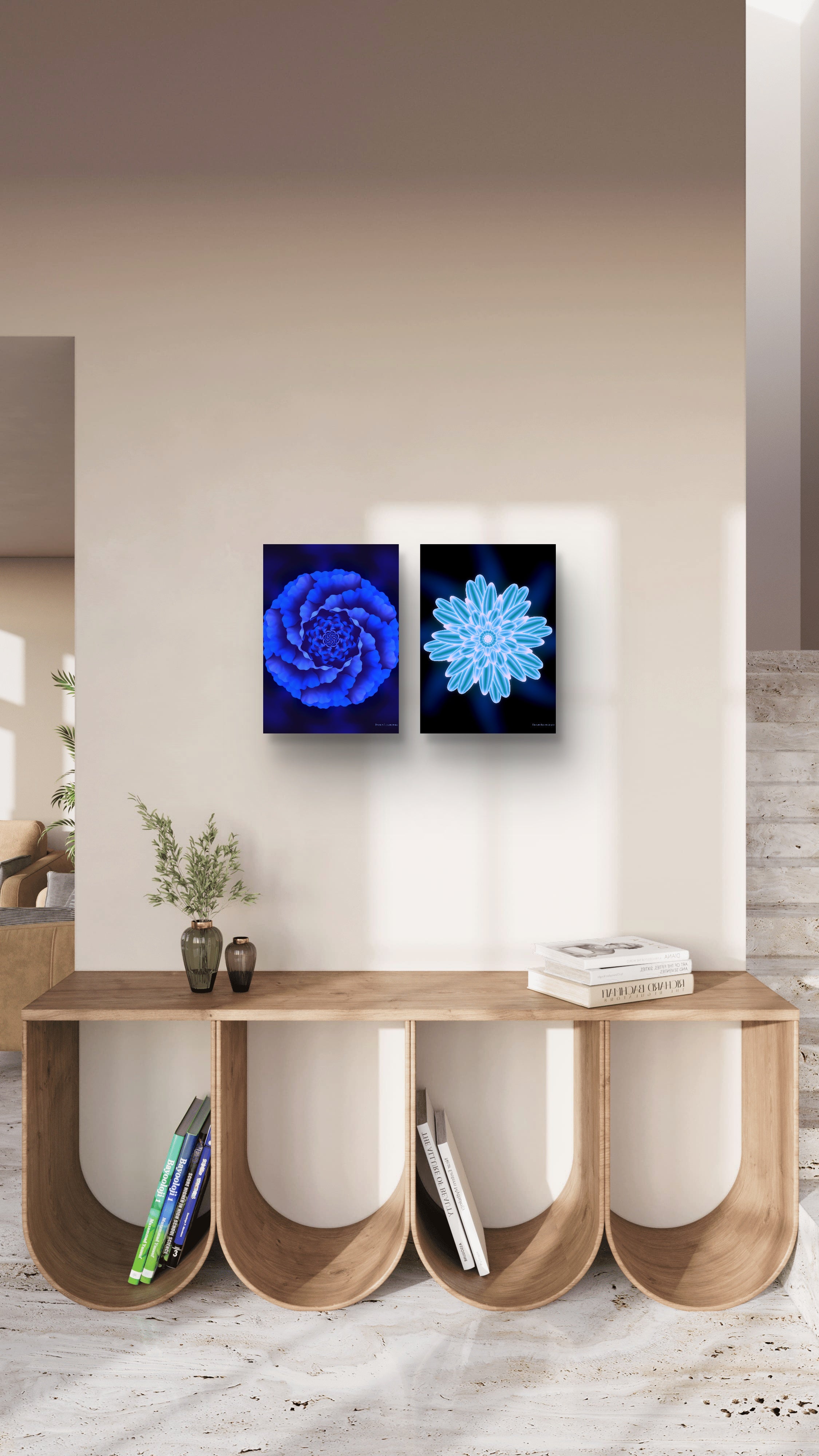 Modern interior with a wooden console table against a wall featuring two abstract blue artworks.