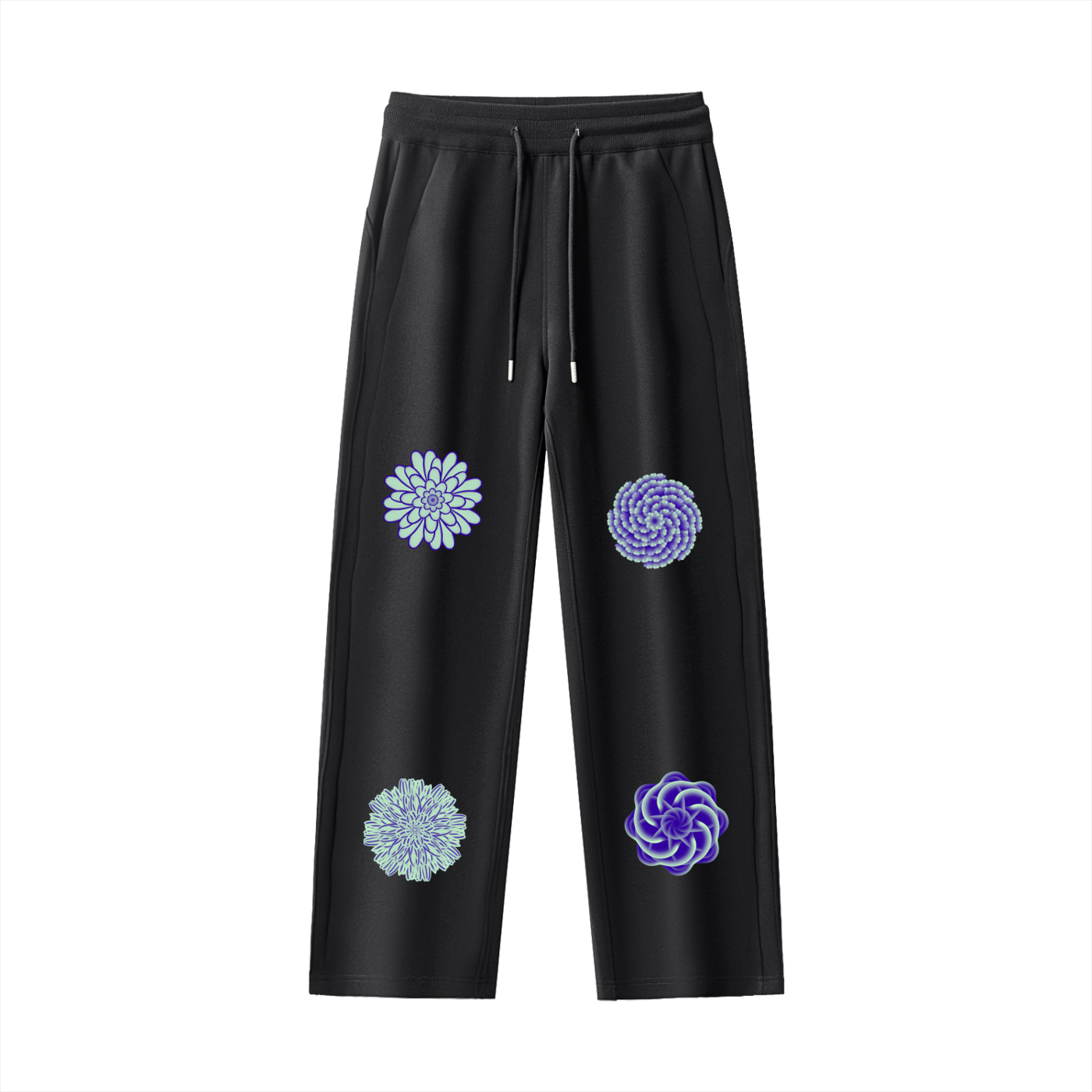 Black pants with floral patterns on a white background
