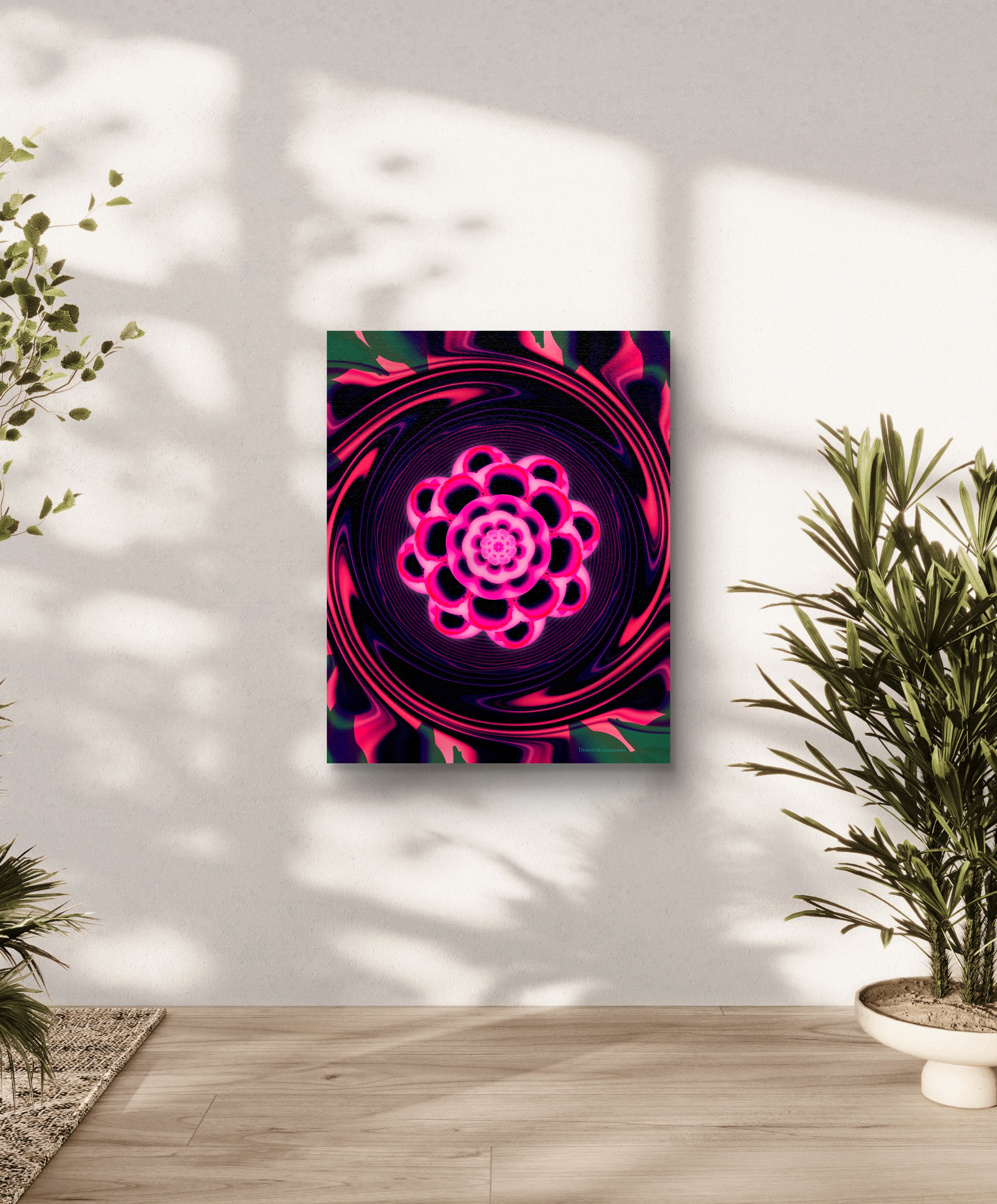 Handmade floral illustration disaplayed as a fine art print on a wall