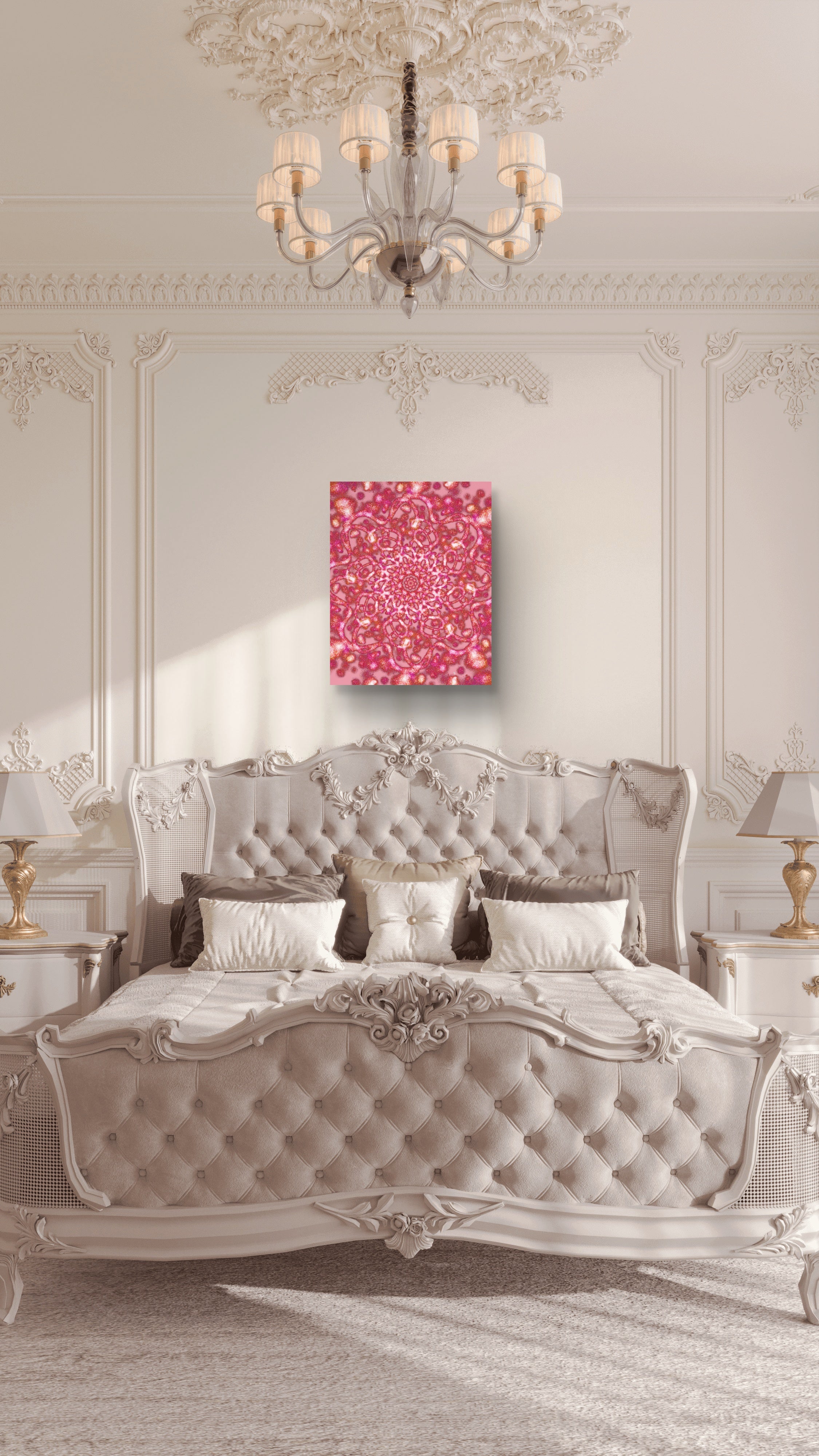 Luxurious bedroom with an ornate bed and chandelier, featuring a pink floral painting on the wall.