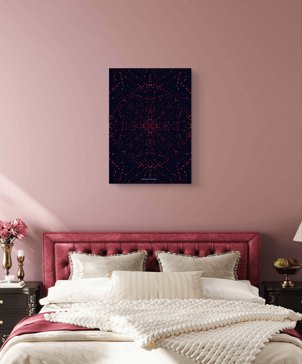 Bedroom with pink headboard and abstract art on wall